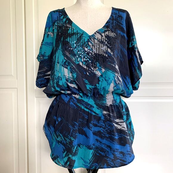 Calvin Klein Tops - Calvin Klein Top Gathered Waist Peplum Short Sleeve Sequin Blouse Women Sz L